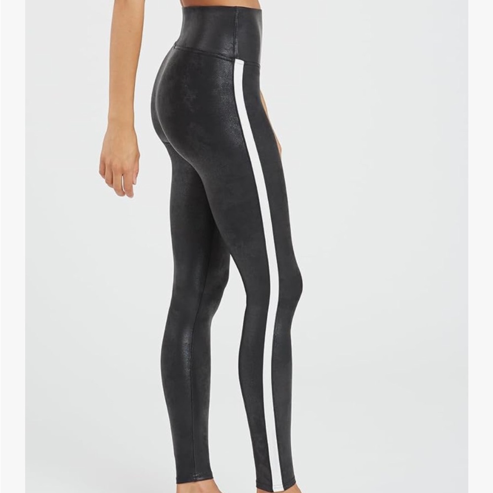 Black SPANX Leggings with White Stripe- Faux Leather- Size Small